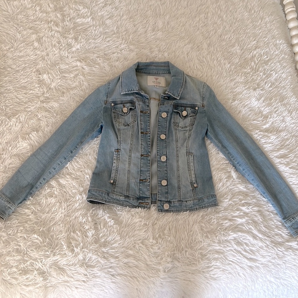Guess medium wash distressed jean jacket, Size M